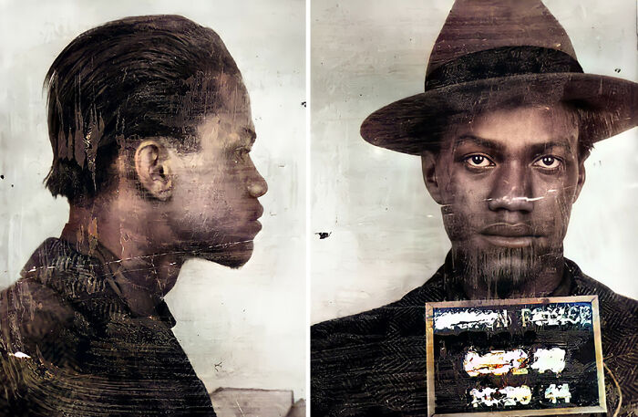 Vintage mugshot restoration of a young man wearing a hat, showing front and side profiles with visible photo aging effects.