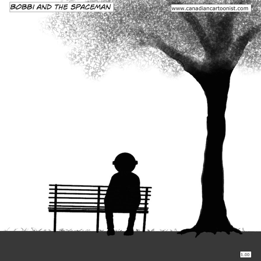 "Bobbi And The Spaceman" - Comic Juxtaposing The Wisdom Of The Young And The Old Using Humour And Charm. Just Who Is The Spaceman And Why Is He Sitting On A Park Bench?