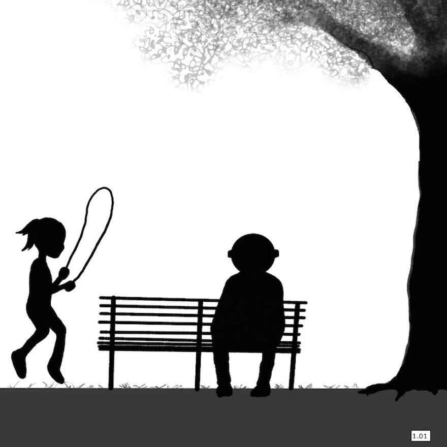 "Bobbi And The Spaceman" - Comic Juxtaposing The Wisdom Of The Young And The Old Using Humour And Charm. Just Who Is The Spaceman And Why Is He Sitting On A Park Bench?