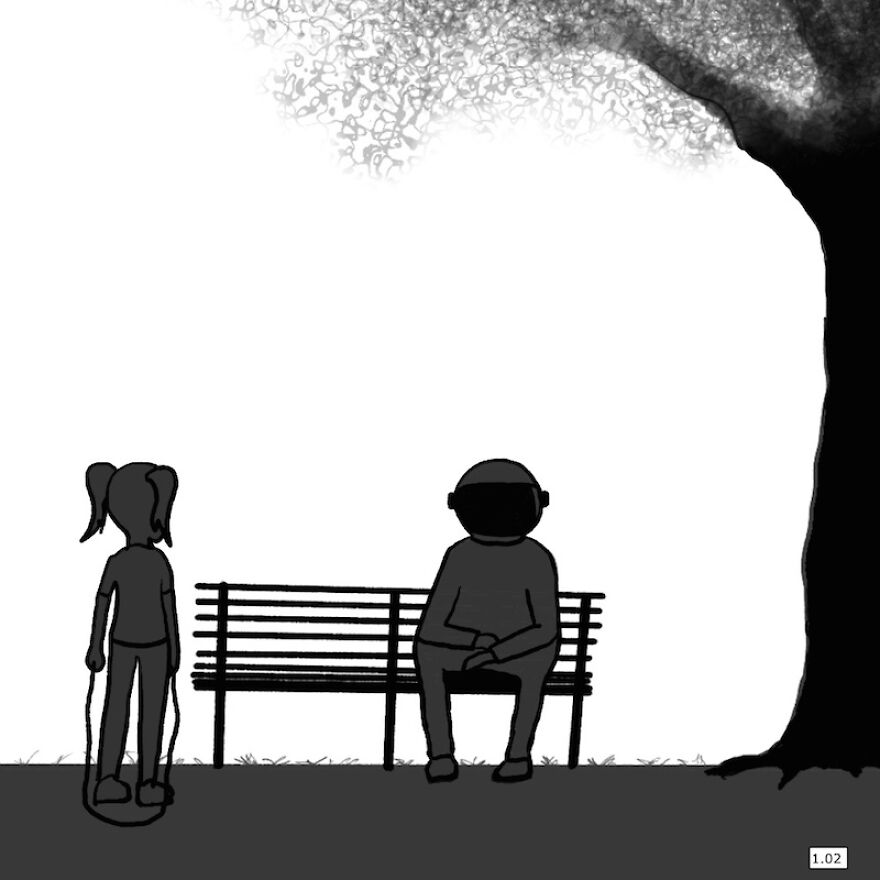 "Bobbi And The Spaceman" - Comic Juxtaposing The Wisdom Of The Young And The Old Using Humour And Charm. Just Who Is The Spaceman And Why Is He Sitting On A Park Bench?