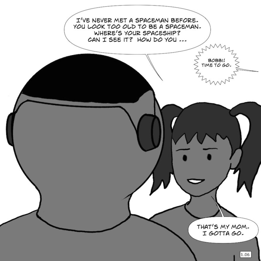 "Bobbi And The Spaceman" - Comic Juxtaposing The Wisdom Of The Young And The Old Using Humour And Charm. Just Who Is The Spaceman And Why Is He Sitting On A Park Bench?