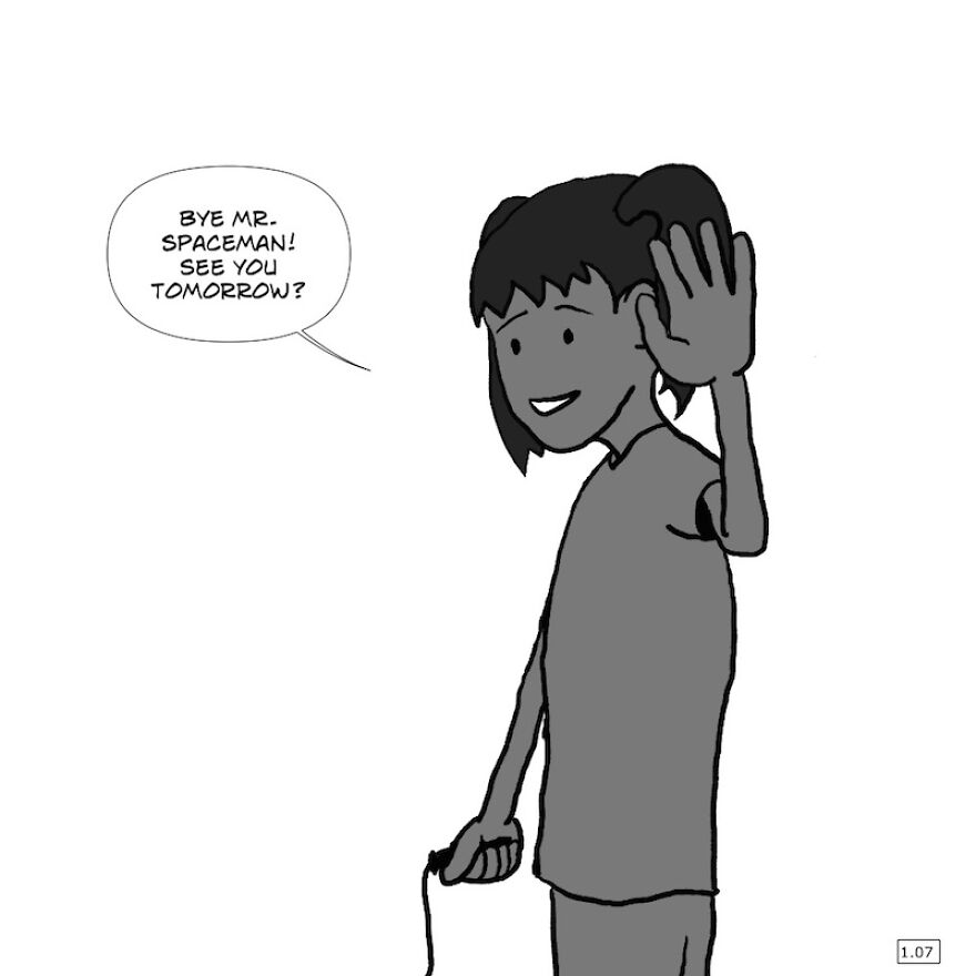 "Bobbi And The Spaceman" - Comic Juxtaposing The Wisdom Of The Young And The Old Using Humour And Charm. Just Who Is The Spaceman And Why Is He Sitting On A Park Bench?