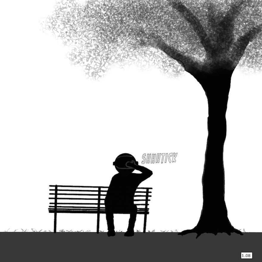 "Bobbi And The Spaceman" - Comic Juxtaposing The Wisdom Of The Young And The Old Using Humour And Charm. Just Who Is The Spaceman And Why Is He Sitting On A Park Bench?