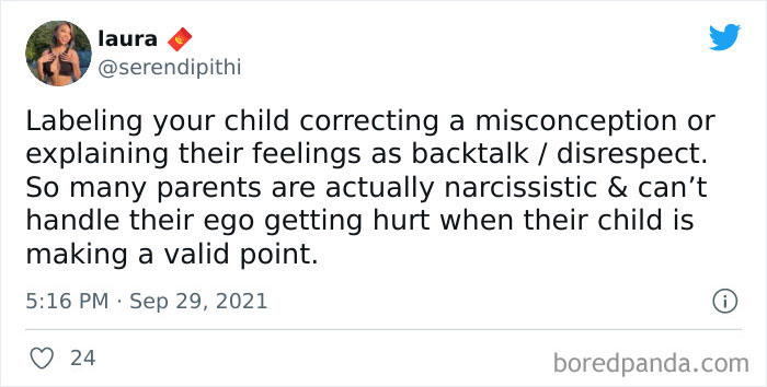 Tweet discussing outdated social customs about parenting, labeling children’s valid feelings as backtalk or disrespect.