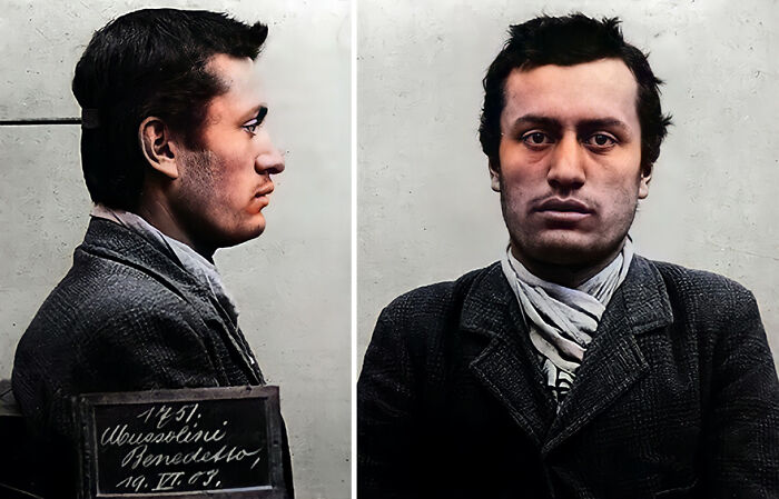 Restored vintage mugshot of a famous person shown in side and front views with detailed facial features and attire.
