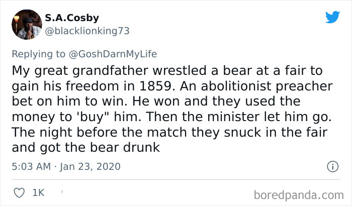 Screenshot of a viral Twitter thread sharing the coolest and oddest facts from family history, featuring a bear wrestling story.