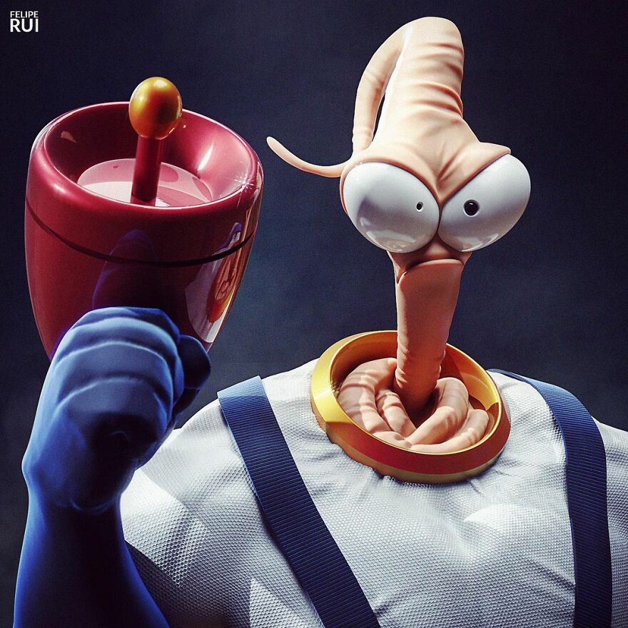 Digital artist's terrifying version of popular character Earthworm Jim holding his blaster, designed to keep you up at night.