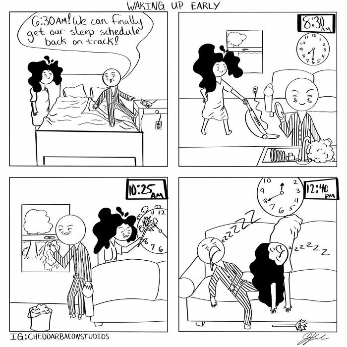 Black and white comic by Cheddar Bacon Studios showing a couple struggling to stick to an early wake-up sleep schedule.