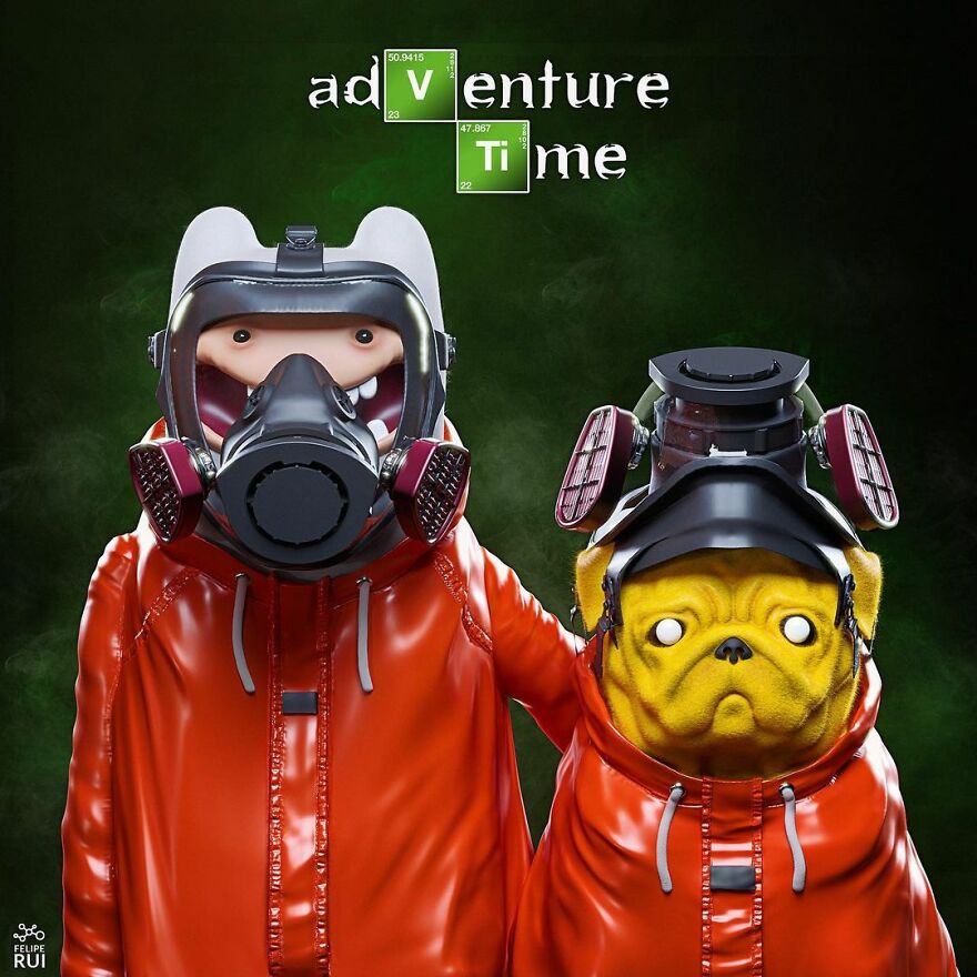 Digital artist creating terrifying versions of popular characters with gas masks and eerie glowing eyes in dark setting.