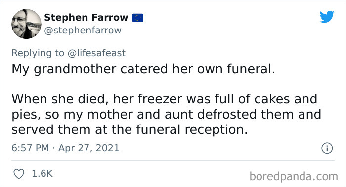 Tweet showing a family history fact about a grandmother catering her own funeral with cakes and pies shared in a viral thread.
