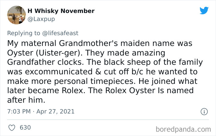 Tweet showing a unique family history fact about Rolex Oyster clocks shared in a viral thread of family stories.