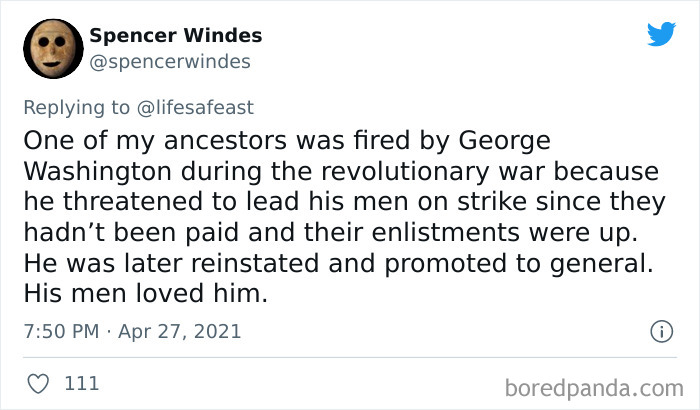 Tweet by Spencer Windes sharing a cool and odd family history fact about an ancestor in the revolutionary war.