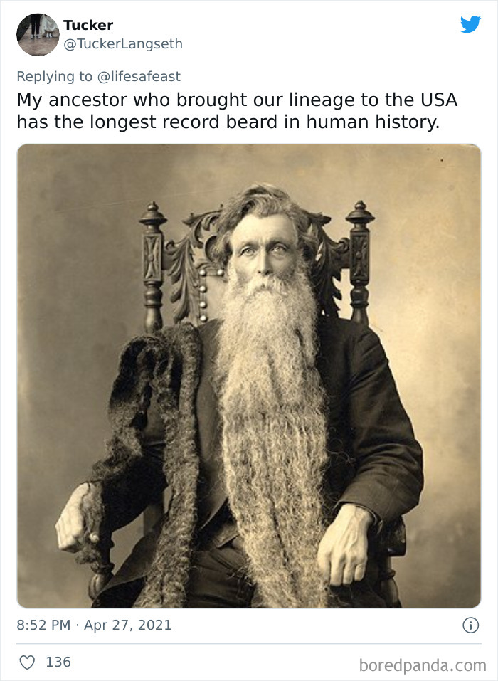 Vintage photo of a man with the longest beard in history, shared in a viral thread about odd family history facts.