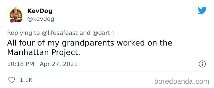 Tweet from user KevDog sharing a cool and odd family history fact about grandparents working on the Manhattan Project.
