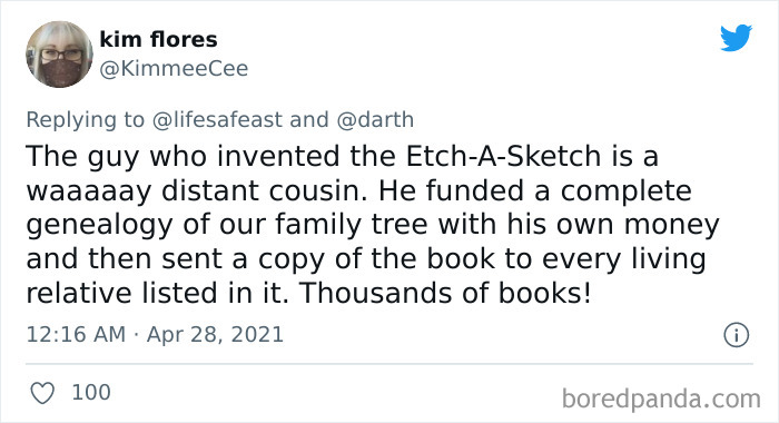 Tweet text showing a viral thread where people share the coolest and oddest facts from their family’s history.