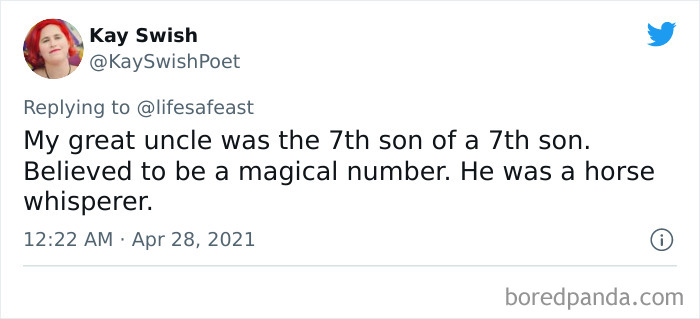 Tweet sharing a cool and odd family history fact about a great uncle who was the 7th son of a 7th son, linked to family history.
