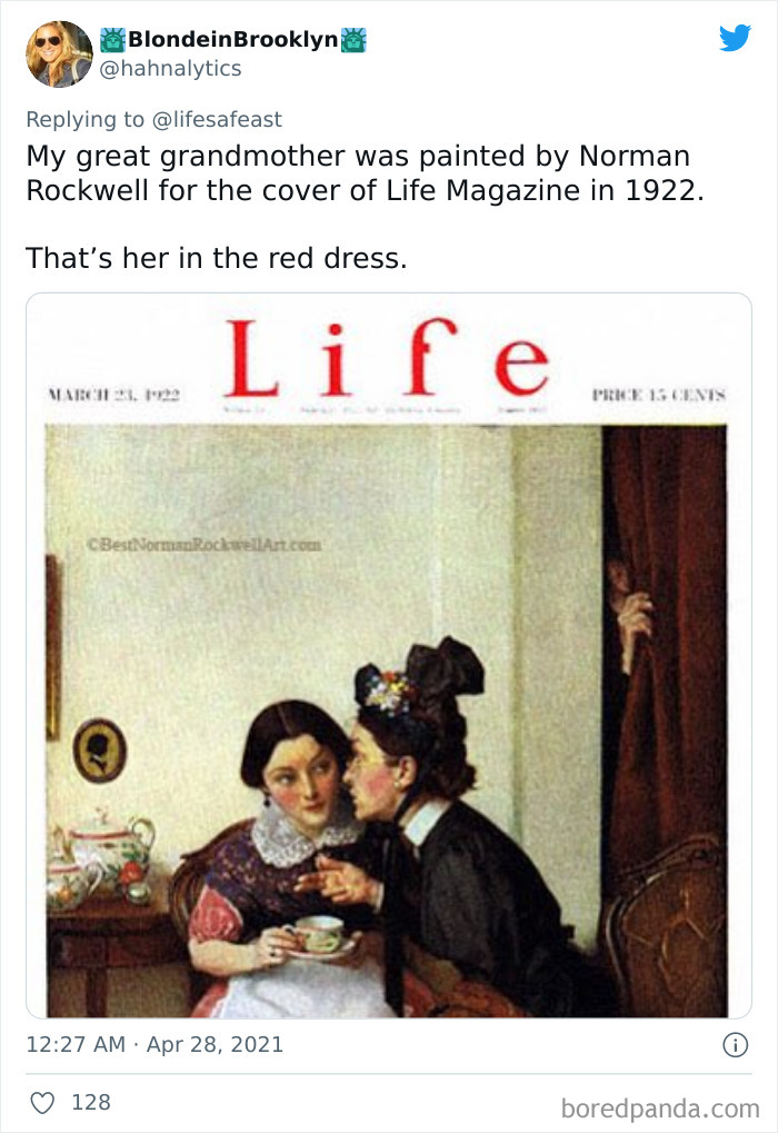 Life Magazine cover painting by Norman Rockwell showing a woman in red dress, shared in viral thread of family history facts.