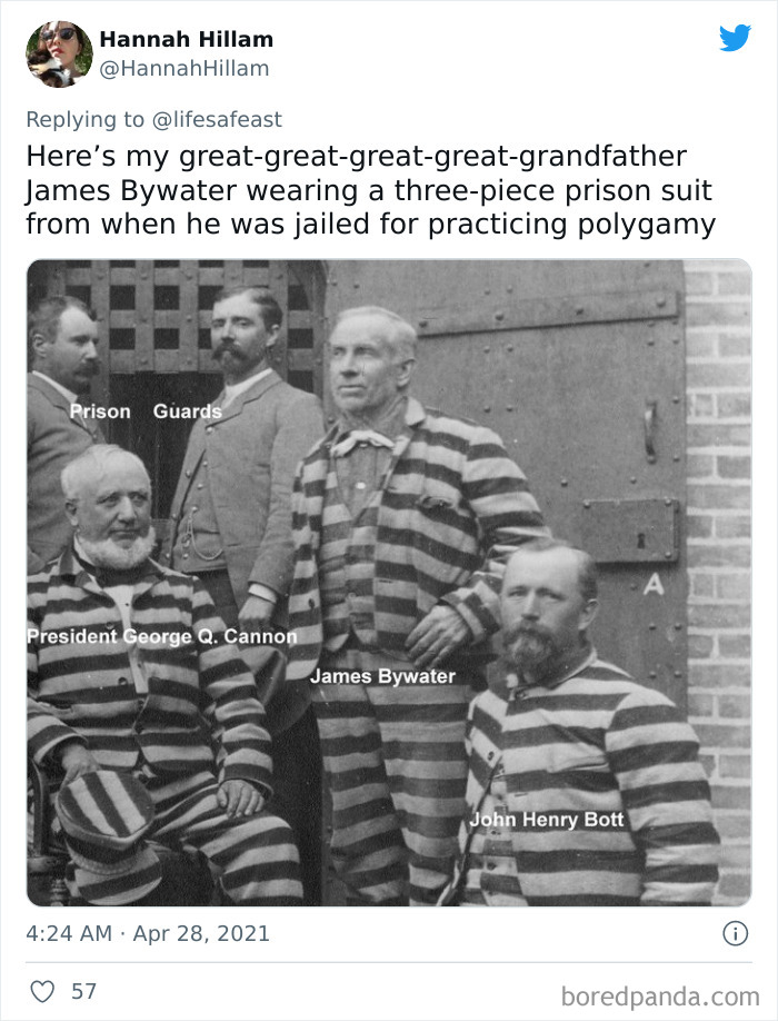 Black and white photo of men in prison suits, illustrating coolest and oddest facts from family history shared online.