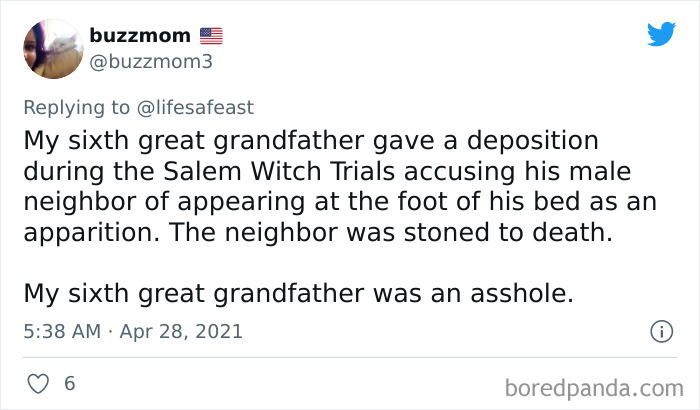 Tweet sharing a family history fact about a sixth great grandfather involved in the Salem Witch Trials, part of a viral thread.