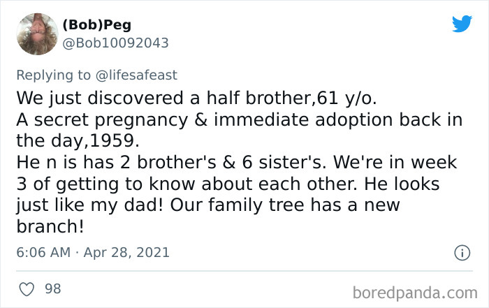Tweet sharing a viral thread fact about discovering a secret half brother and expanding the family history tree.