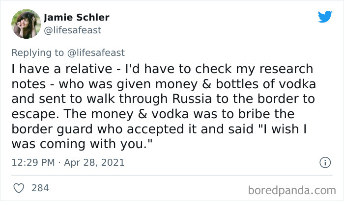 Tweet sharing a rare family history fact about bribing a border guard with money and vodka to escape through Russia.