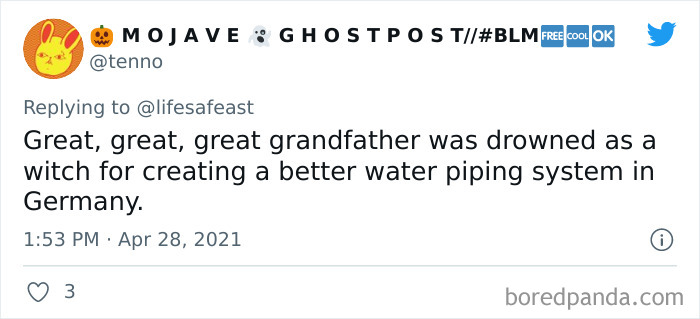 Tweet sharing a family history fact about a great-grandfather drowned as a witch for better water piping in Germany.