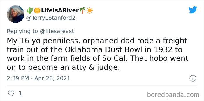 Tweet sharing a cool and odd family history fact about a dad riding a freight train during the Dust Bowl era.