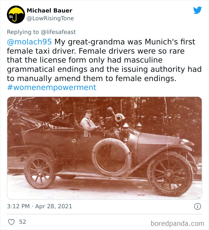 Vintage photo of Munich's first female taxi driver sharing a cool and odd family history fact on a viral thread.