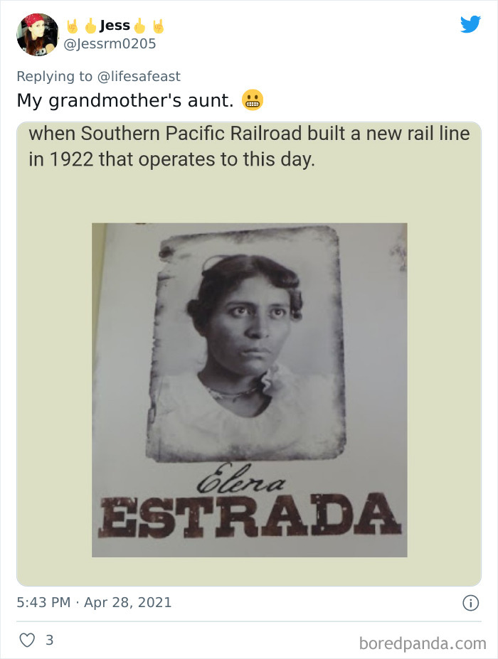 Black and white vintage photo of a woman named Elera Estrada shared in a viral thread about family history facts.