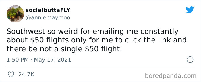 Tweet screenshot showing a user complaining about deceptive marketing tactics offering $50 flights that don’t actually exist.