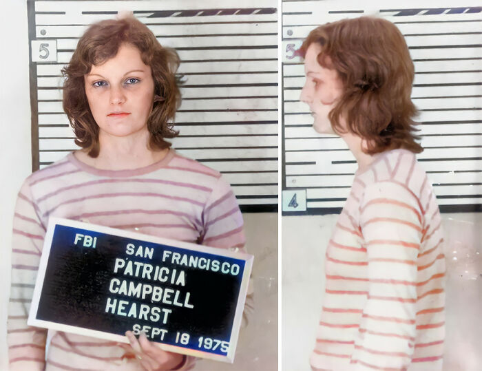 Restored vintage mugshot of Patricia Campbell Hearst in front and side views, showcasing old photograph restoration.
