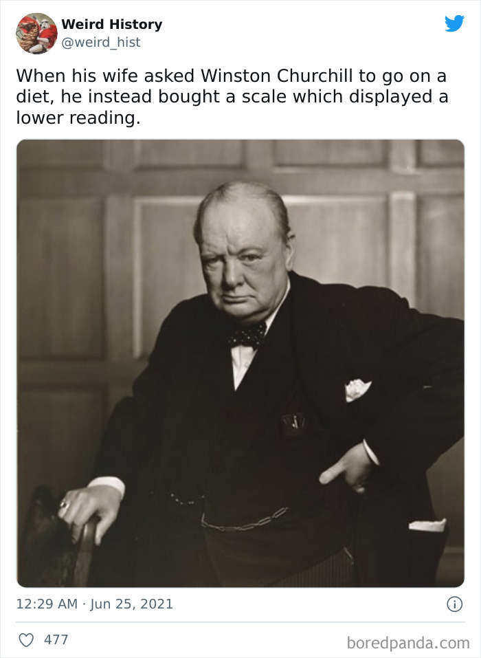 Black and white photo of Winston Churchill in a suit, related to weird history facts and historical trivia.