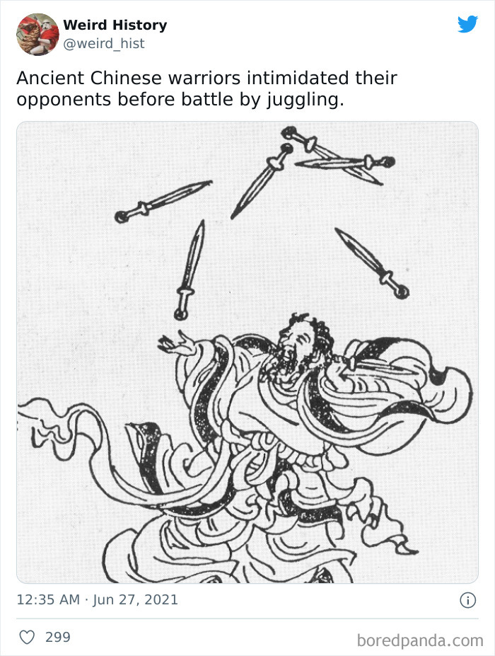 Ancient Chinese warrior juggling swords in a traditional ink drawing illustrating weird history facts.