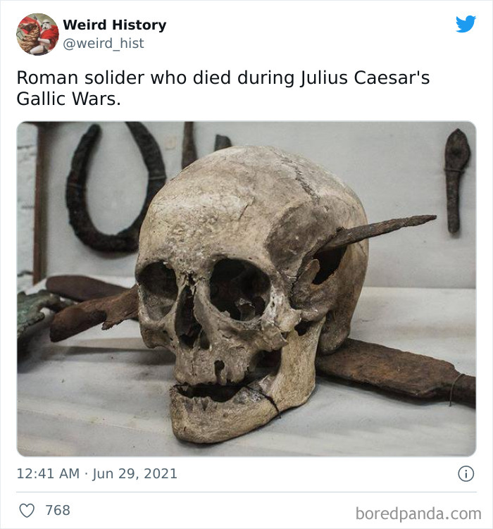Ancient Roman soldier skull with spear through it, displayed as a weird history fact for history and trivia lovers.