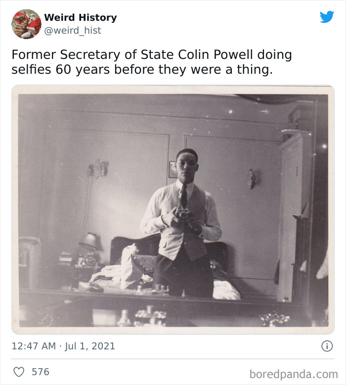Vintage black and white photo of Colin Powell taking an early selfie, showcasing weird history and trivia facts.