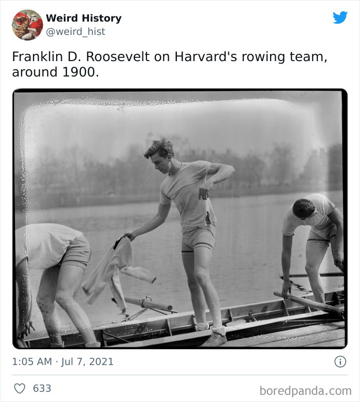 Black and white photo of history trivia showing Franklin D. Roosevelt on Harvard's rowing team in 1900s.