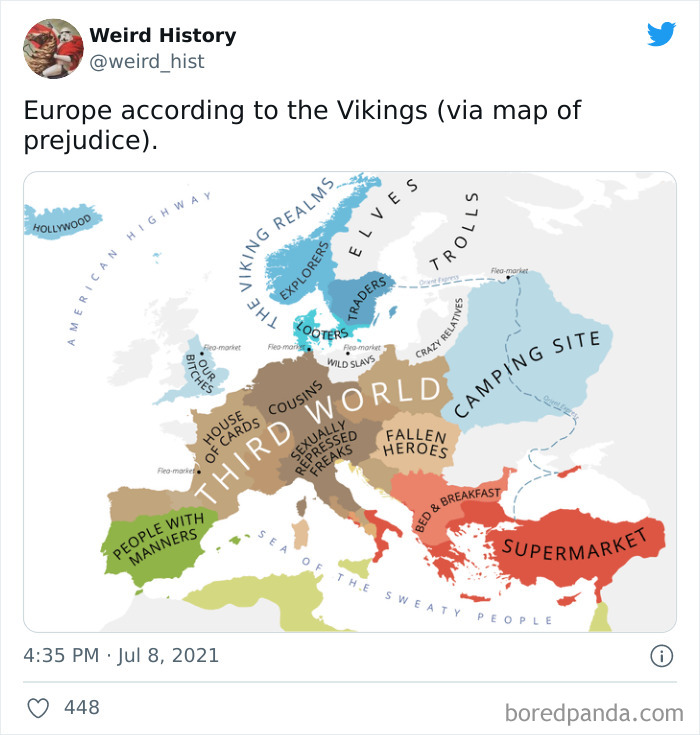 Map of Europe humorously labeled with Viking-related stereotypes, reflecting weird history and trivia facts about the region.