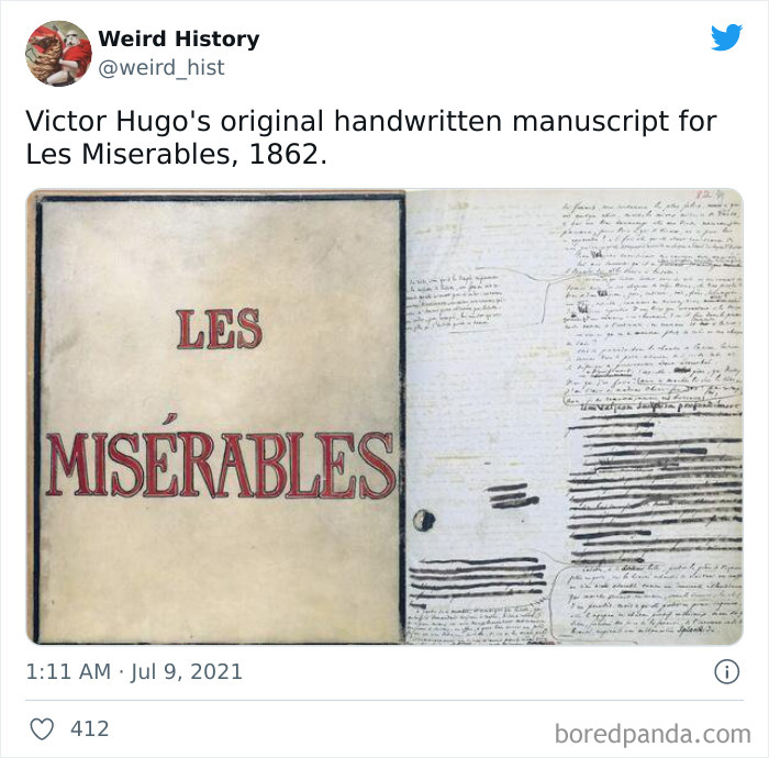 Original handwritten manuscript of Les Miserables by Victor Hugo from 1862, an intriguing weird history fact for trivia lovers.
