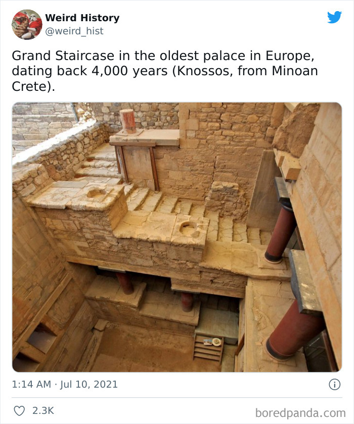 Ancient grand staircase in the oldest palace in Europe, showcasing weird history facts from Minoan Crete ruins.