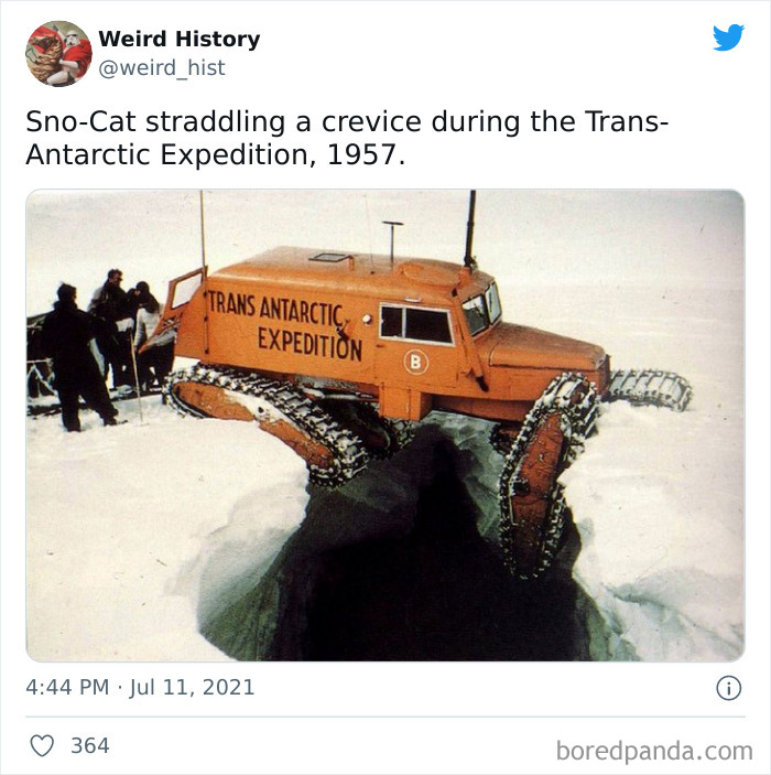 Weird history photo of a Sno-Cat vehicle crossing a deep crevice during the 1957 Trans-Antarctic Expedition.