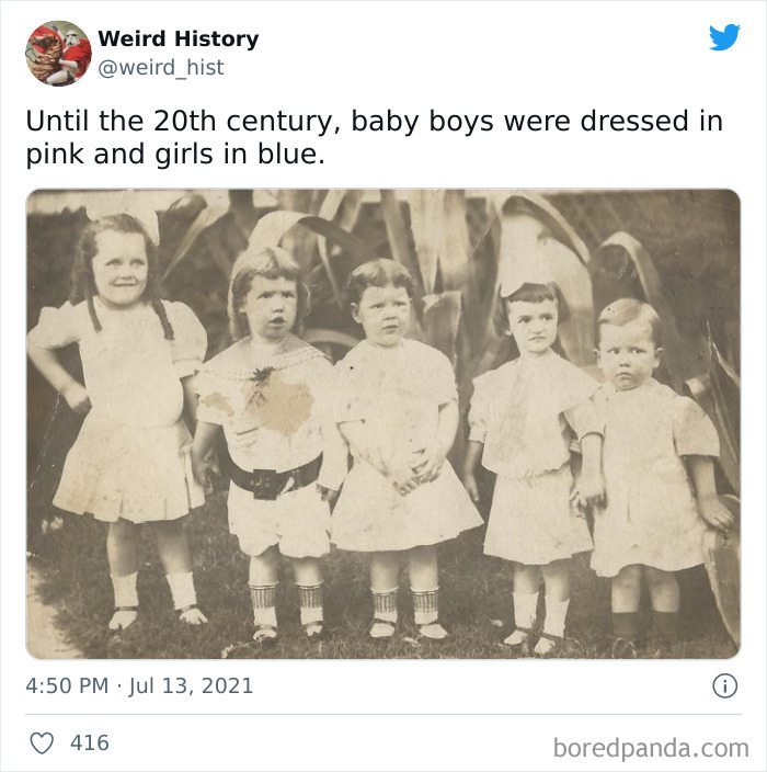 Vintage photo showing children before the 20th century when baby boys wore pink and girls wore blue, weird history fact.