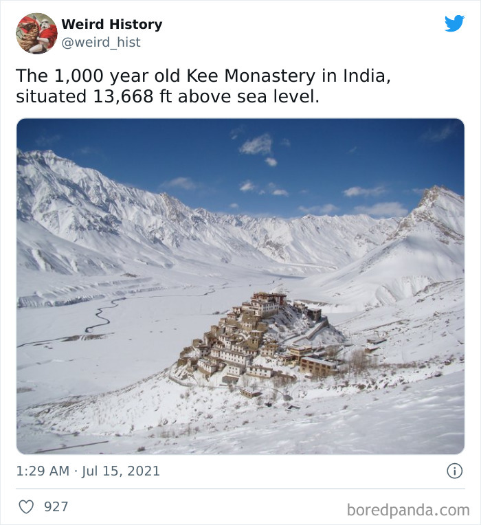 Kee Monastery in India covered in snow, situated at high altitude among snowy mountains, weird history and trivia fact.