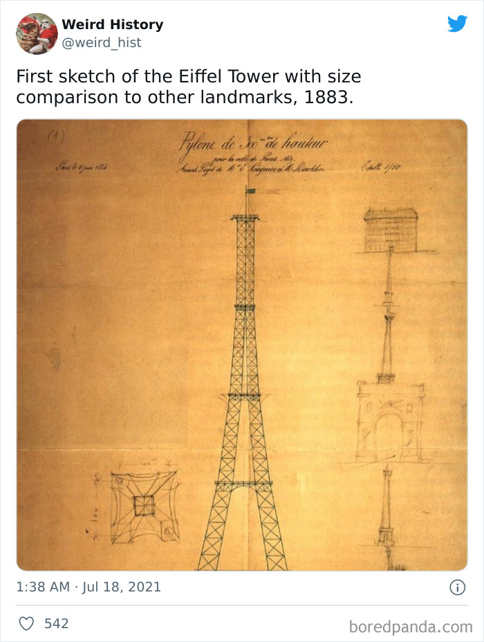 First sketch of the Eiffel Tower with size comparison to other landmarks, illustrating a weird history fact from 1883.