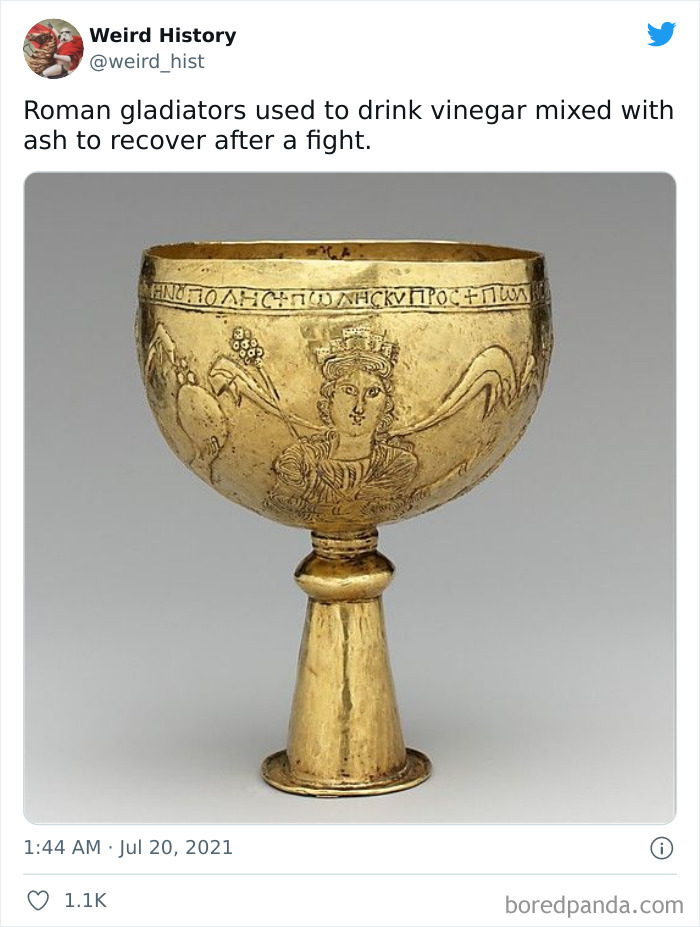Ancient gold chalice with engraved figure and inscriptions, related to weird history facts about Roman gladiators.