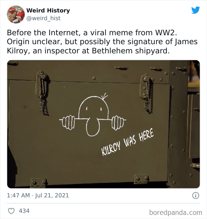 Graffiti of Kilroy Was Here meme on a military vehicle, a popular weird history fact from World War II.