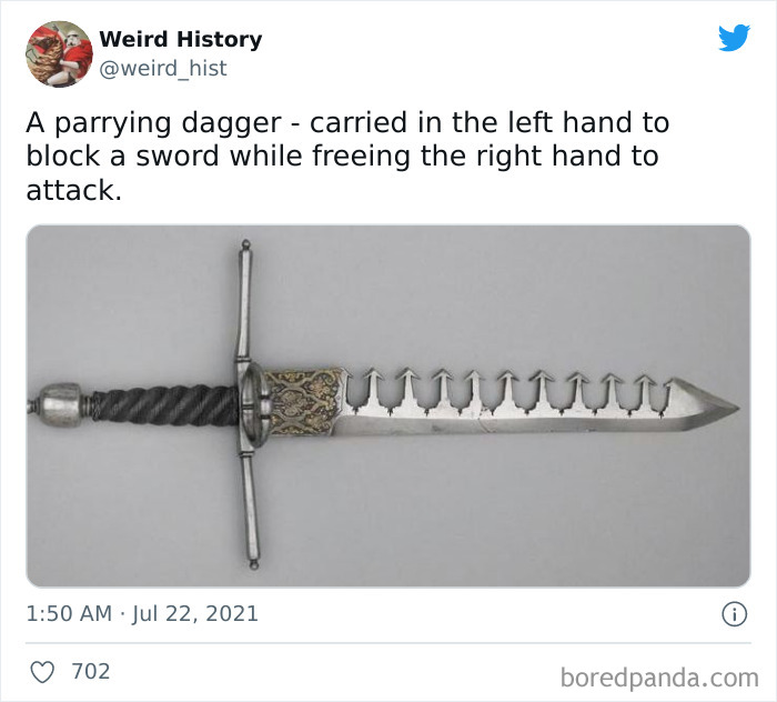 Parrying dagger with serrated blade and ornate handle, used in weird history for blocking swords while attacking.