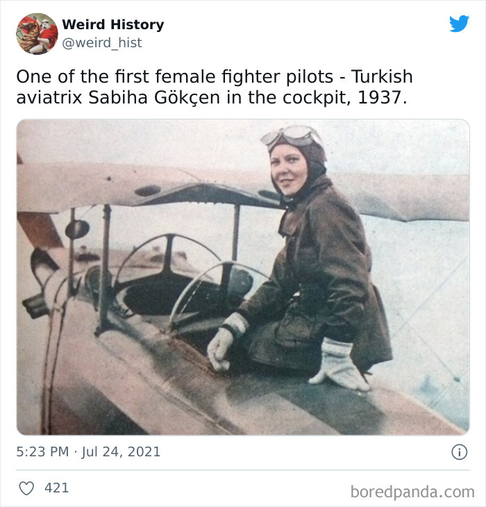 Turkish female fighter pilot Sabiha Gökçen in cockpit of vintage plane, a weird history fact from 1937.