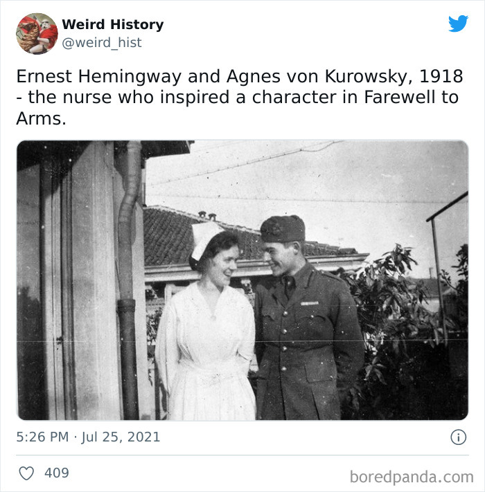 Black and white photo of Ernest Hemingway with nurse Agnes von Kurowsky in 1918, a weird history trivia fact.