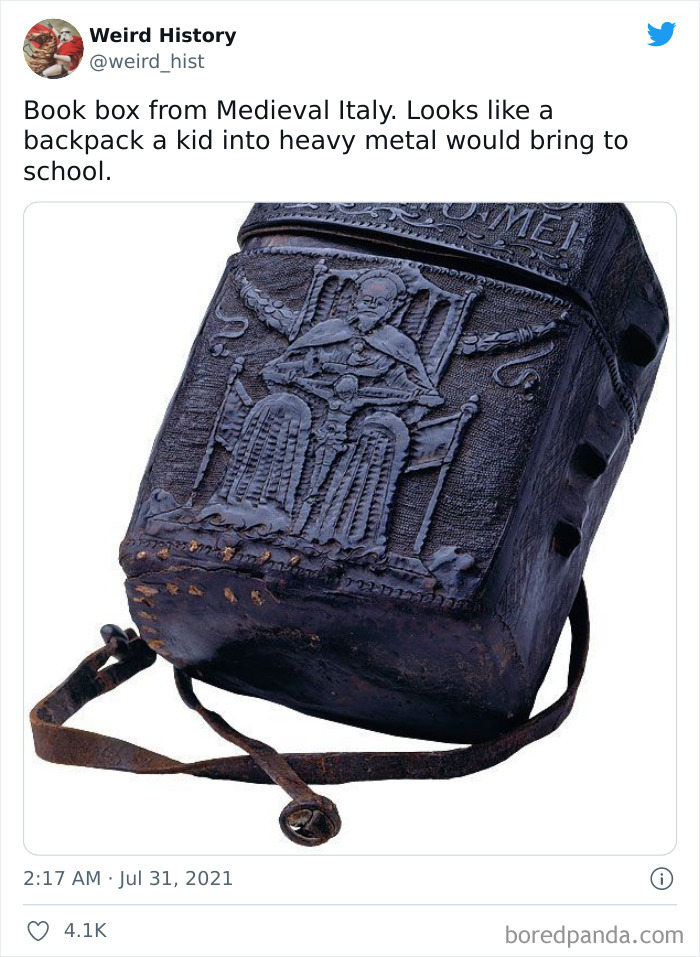 Medieval Italian book box with intricate carvings resembling a heavy metal style backpack, illustrating weird history facts.