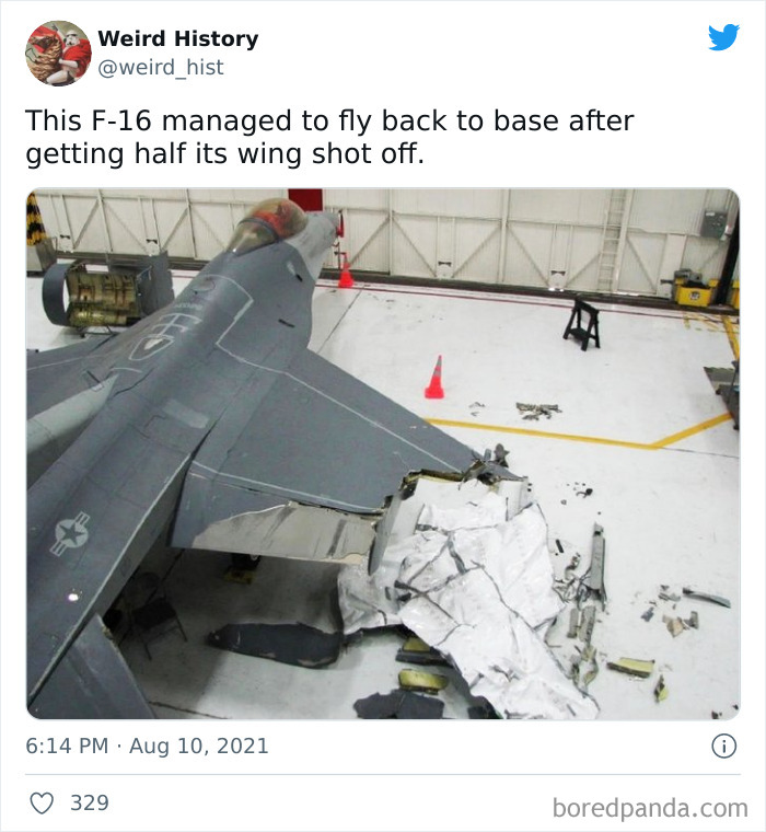 F-16 fighter jet with half a wing shot off, demonstrating a weird history fact of survival and military trivia.